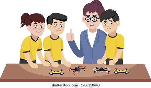 Flat design of teacher with students in robotics class. Student learning robotics under the guidance of teacher vector illustration 