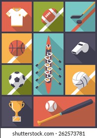 Flat Design Team Sports Icons Vector Illustration. Vertical flat design illustration with various team sports symbols.