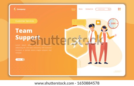 Flat design of team support concept on landing page template