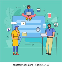 Flat design teamwork building business industry of message conversation. Icon graphic style line cartoon. Vector illustrate.