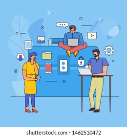 Flat design teamwork building business industry of business growth. Icon graphic style line cartoon. Vector illustrate.