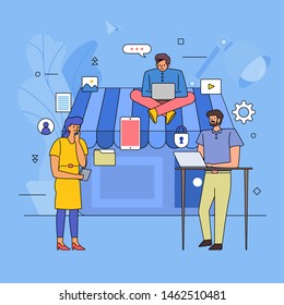 Flat design teamwork building business industry of online shopping store. Icon graphic style line cartoon. Vector illustrate.