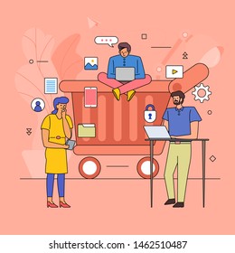 Flat design teamwork building business industry of online shopping store. Icon graphic style line cartoon. Vector illustrate.