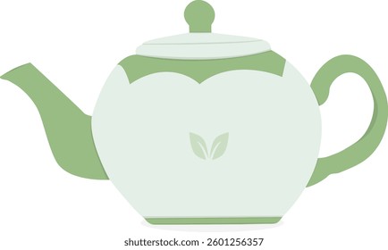 Flat Design Teapot with Leaf Motif. Classic Herbal Tea Kettle Icon. Minimalist Design. Cozy Green Tea Pot Vector Art.
