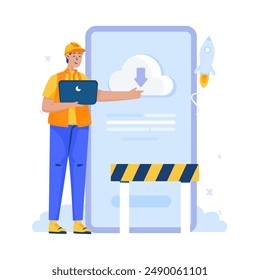 Diseño plano de un técnico que descarga un Actualizar de software, mantenimiento del sistema de aplicaciones móviles, Ilustración vectorial