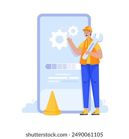 Flat design of technician installing system update, Software application system maintenance, Vector illustration