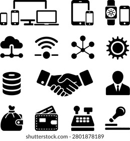 Flat design technology and business icons featuring devices networking finance and communication symbols in monochrome style