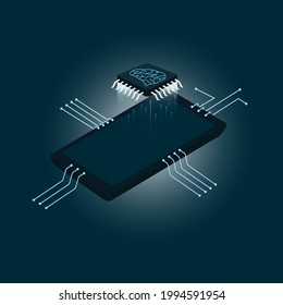 Diseño plano del concepto de tecnología, smartphone gigantesco y cerebro en la parte superior,Dispositivo inteligente para su uso diario - vector Ilustración