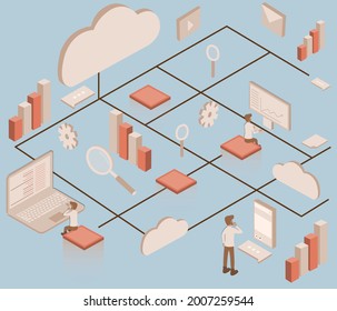 Flat design of technology concept,People works under the cloud and the icons,People using application and program from cloud - vector  Illustration