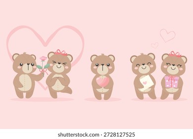 Design plano de casais de ursinho de pelúcia conjunto mostrando amor e carinho para Valentine. Ursos segurando flores, corações, cartas e presentes. Perfeito para cartões, mídias sociais, convites e embalagens.