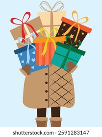 Flat design of a teenager dressed in winter clothing carrying a large stack of gifts, completely covering their face. A Vector Illustration.