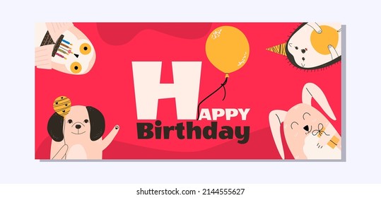 Flat design template with birthday animals. Vector illustration