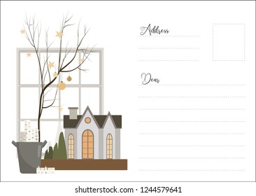 Flat design template of Christmas postcard with tree with garland, small house and window frame. 