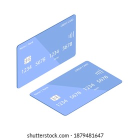 Flat design template with credit card on red background. Mockup on white backdrop. Flat isometric vector illustration. Isolated vector illustration.