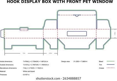 Flat design template of a hook display box with front window for product packaging