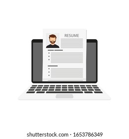 Flaches Design-Template mit Lebenslauf auf dem Laptop, Vektorillustration-Illustration