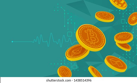 flat design of ten famous cryptocurrency coins flying artwork , Vector illustrator