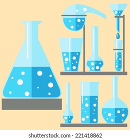 Flat design of test tubes. Set of 9 vector test-tubes. Laboratory glassware.