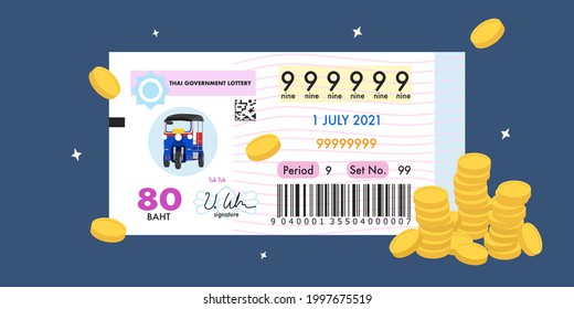 Flat design of Thailand lottery ticket with hypothetical numbers, QR code and barcode.