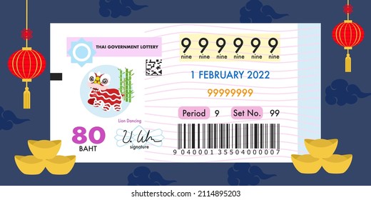 Flaches Design der thailändischen Lotterie mit hypothetischen Zahlen, QR-Code und Barcode, Löwentanz mit grünem Bambushintergrund.