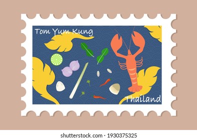Flat design of Thailand Tom Yum Kung ingredients stamp.