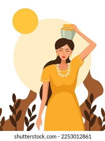 Flat design of Thaipusam Festival, An Indian woman carrying milk pot.