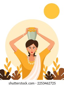 Flat design of Thaipusam Festival, An Indian woman carrying milk pot.