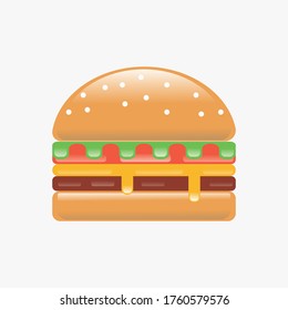 A flat design that describe a delicious burger consisting of bun bread, melted cheese, perfectly cooked meat, tomatoes and fresh lettuce ready to be your dish