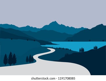 Flat design with the theme of street views between mountains