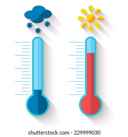 Flat design of Thermometer measuring heat and cold, with sun and snowflake icons, vector illustration