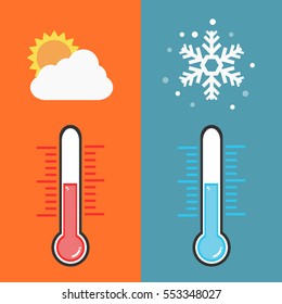 Flat design of Thermometer measuring heat and cold, with sun and snowflake icons, vector illustration