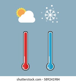 Flat design of Thermometer measuring heat and cold, with sun and snowflake icons, vector illustration, isolated on background.