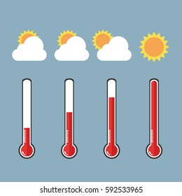 Flat design of Thermometer measuring heat with sun icons, vector illustration