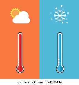 Flat design of Thermometer measuring heat and cold, with sun and snowflake icons, vector illustration