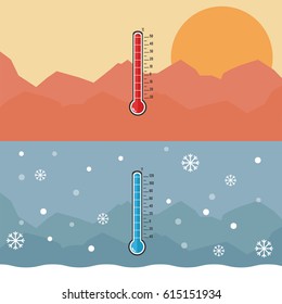 Flat design of Thermometer measuring heat and cold, with sun and snowflake icons, vector illustration