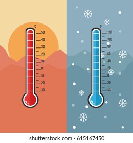 Flat design of Thermometer measuring heat and cold, with sun and snowflake icons, vector illustration