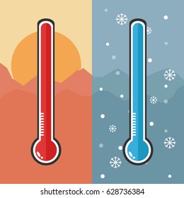 Flat design of Thermometer measuring heat and cold, with sun and snowflake icons, vector illustration.