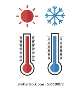 Flat design of Thermometer measuring heat and cold, with sun and snowflake icons, vector illustration.