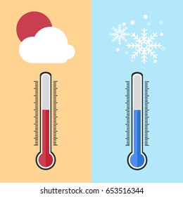 Flat design of Thermometer measuring heat and cold, with sun and snowflake icons, vector illustration.