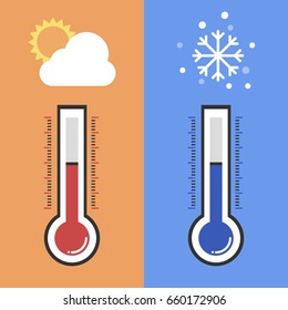 Flat design of Thermometer measuring heat and cold, with sun and snowflake icons, vector illustration