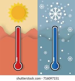 Flat design of Thermometer measuring heat and cold, with sun and snowflake icons, on mountain background. vector illustration. paper art style.