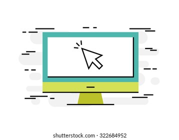 Flat design thin line concept of using computer, vector illustration