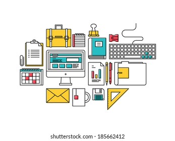 Flat design thin line icons set modern vector illustration of trendy business development objects, office items supplies, workflow and planning equipment, desk elements. Isolated on white background.