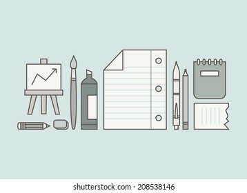 Flat design thin line icons set of office supplies and business items for daily usage.