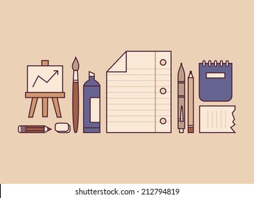 Flat design thin line icons set of office supplies, business and school items for daily usage.