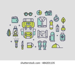 Flat design thin line style modern vector illustration icons set of city trip outdoor objects