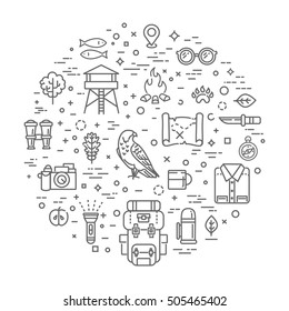 Flat design thin line style modern vector illustration icons set of trip outdoor objects