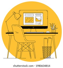 Flat design thin line vector office workplace on yellow background. Manager working place with a computer on the table.