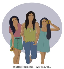 Flat design of three beautiful girls holding each other