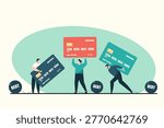 Flat design of three men struggling to carry giant credit cards while shackled to heavy iron balls labeled "DEBT," representing the burden of financial credit.